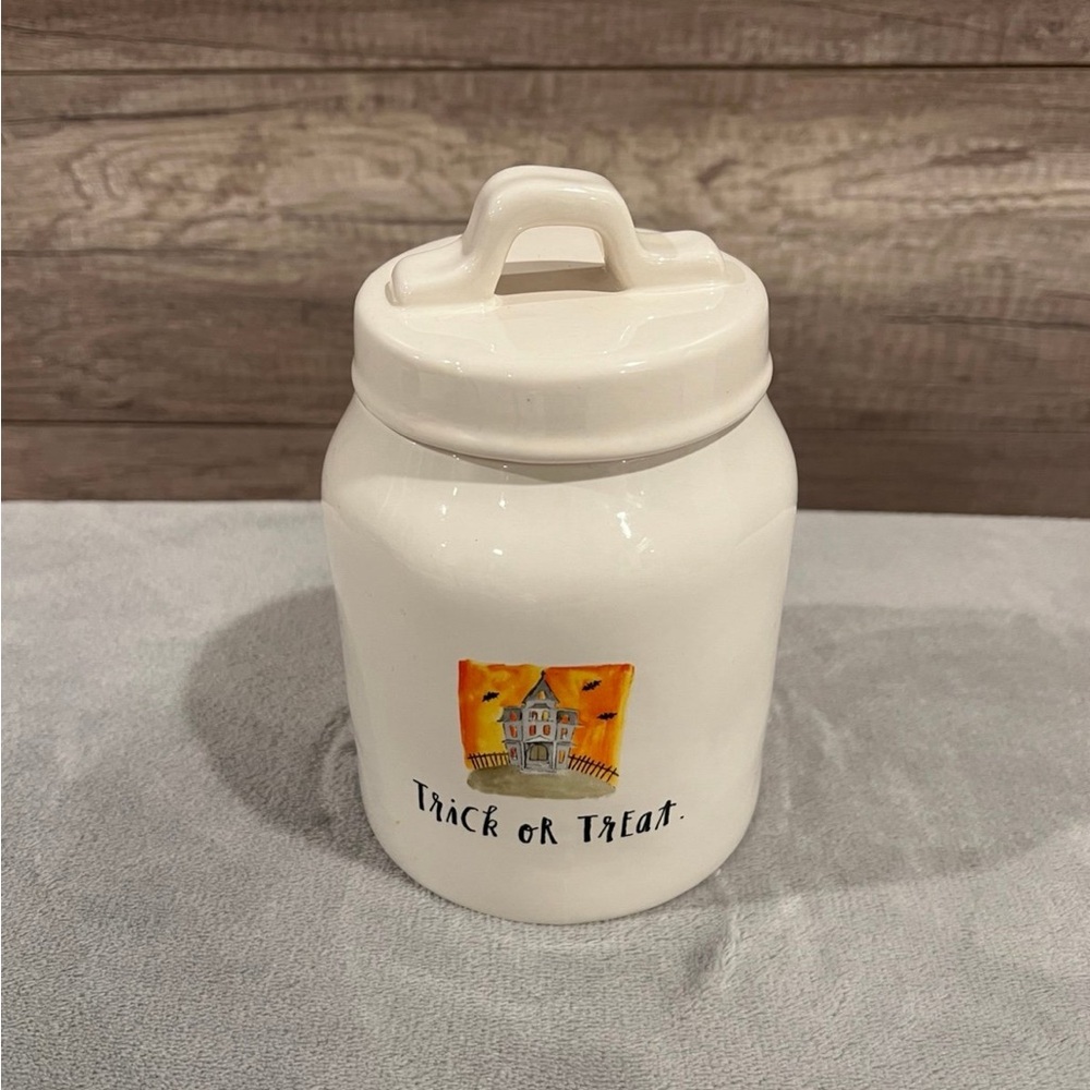 Rae Dunn trick or treat haunted house canister